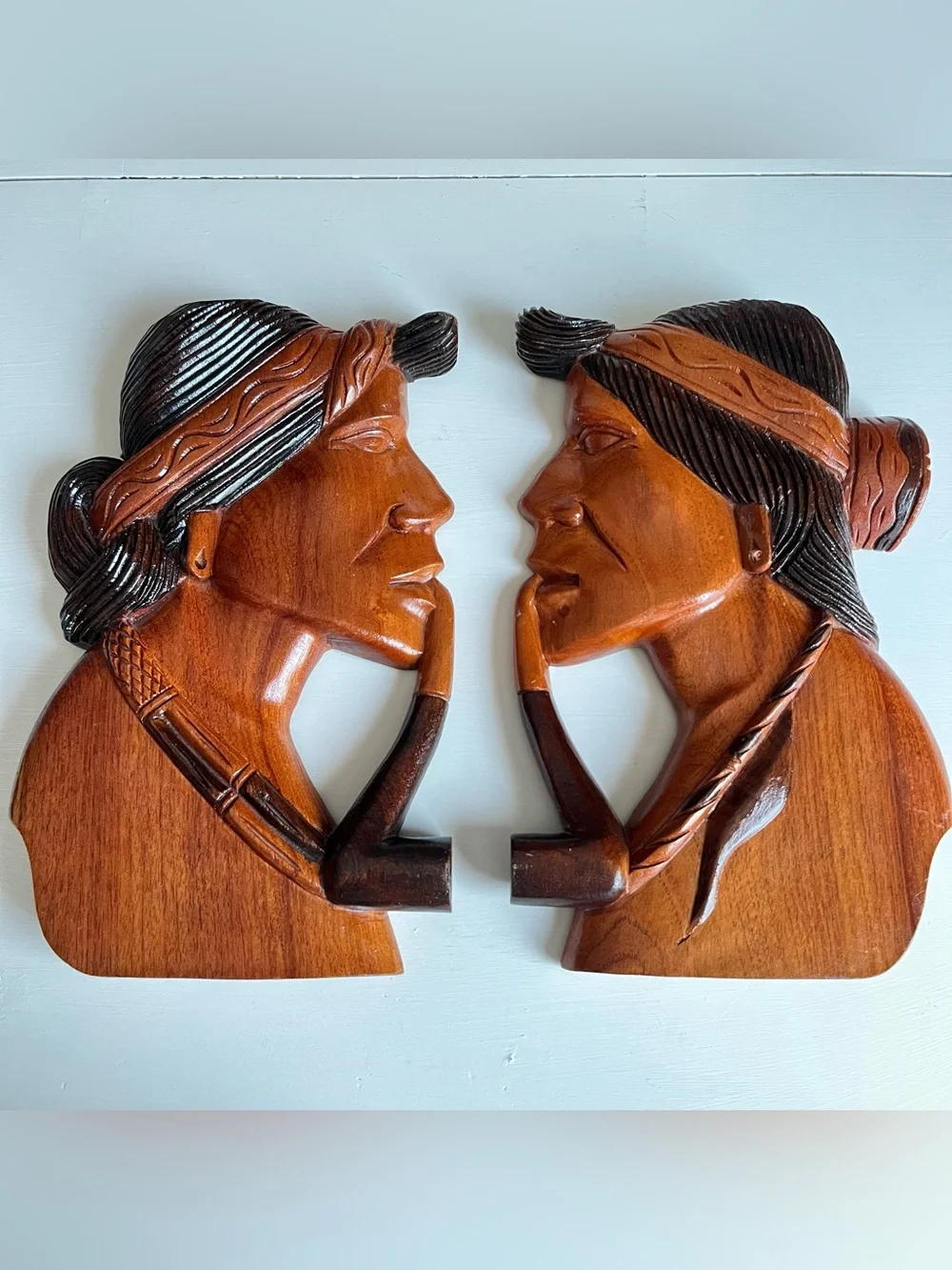 Mid Century Hand Carved Wooden Native American Figural Wall Plaques